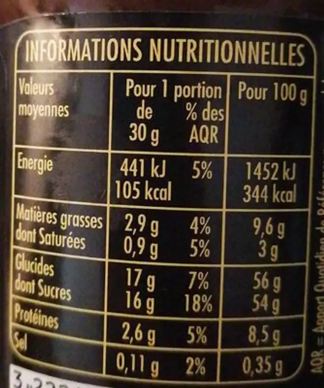 Confiture de Lait (aux noisettes et au cacao) nutrition facts table