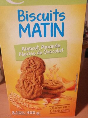 Biscuit matin abricot, amande, pépite de chocolat front packaging