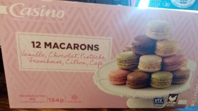 12 macarons : vanille, chocolat, pistache, framboise, citron, café
