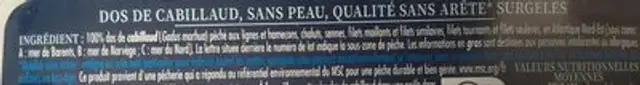 Coeur de cabillaud surgele ingredients label