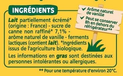Yaourt à boire bio vanille ingredients label