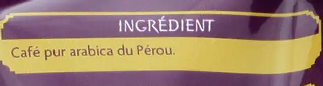 Pur arabica Café en grain Pérou MH ingredients label