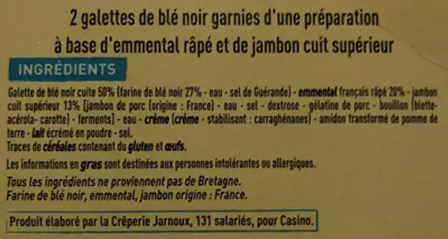 Galettes de blé noir - Emmental Jambon ingredients label