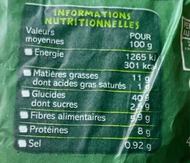 Pain aux noix biologique nutrition facts table