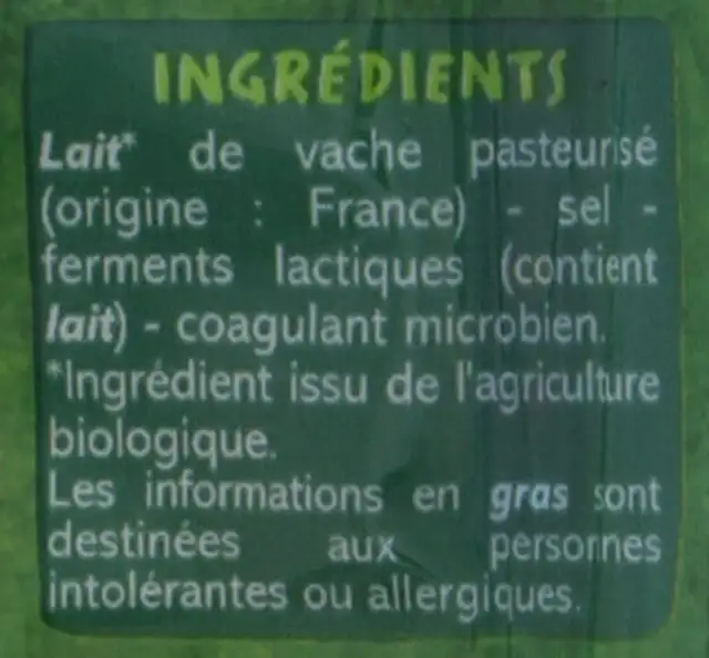 EMMENTAL FRANÇAIS ingredients label