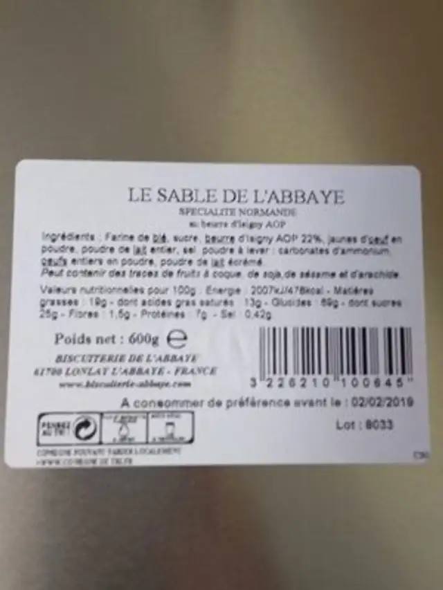Sablés de normandie ingredients label