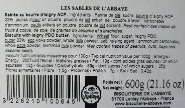 Sablés de normandie nutrition facts table