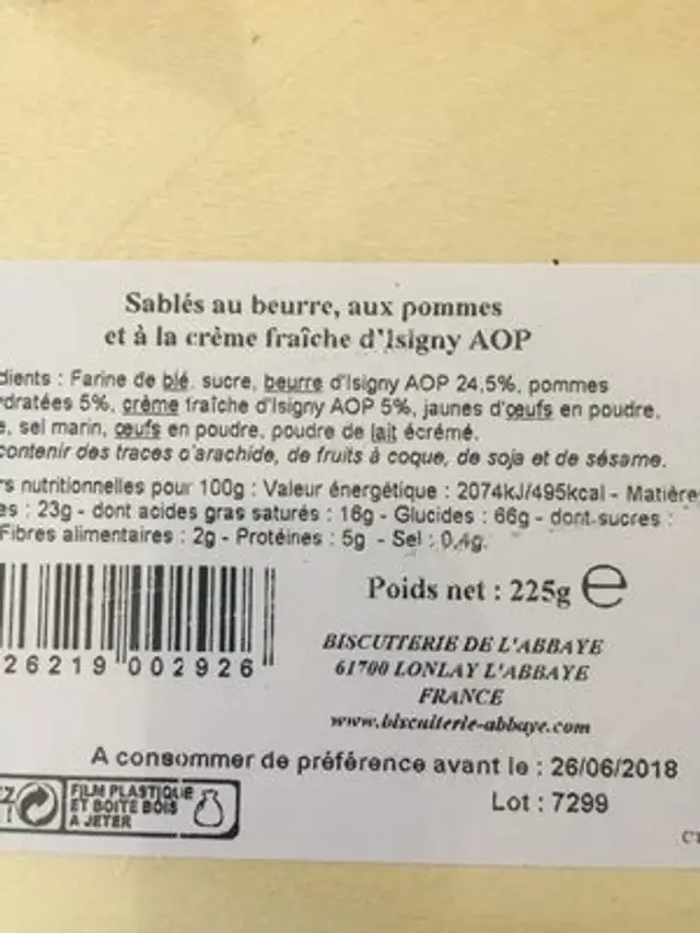 Le trouvillais aux pommes ingredients label