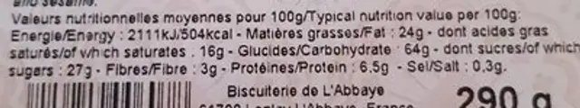 Sablés d'Antan au Beurre d'Isigny AOP nutrition facts table