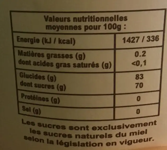 Miel De Fleurs De France nutrition facts table