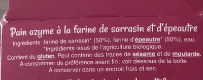 Pain Azyme Sarrasin et Epeautre ingredients label
