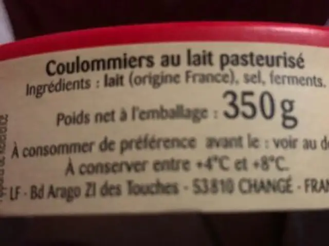 President coulommiers extra fondant 350g ingredients label