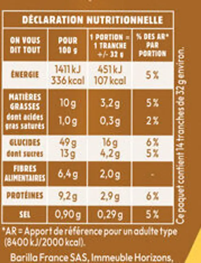 Brioche tranchee caramel nutrition facts table
