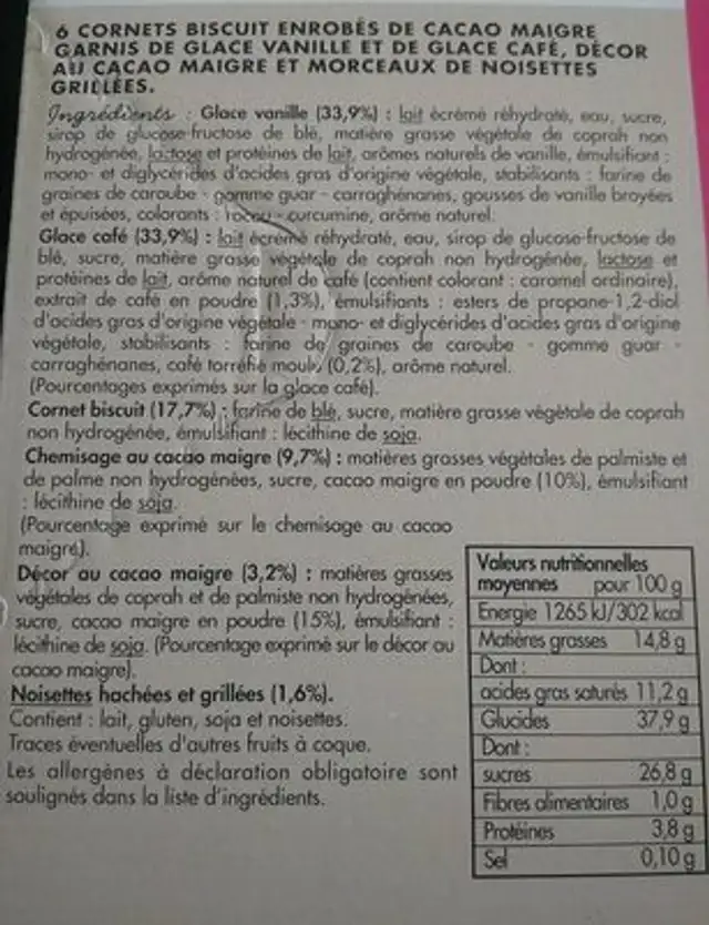 Cône vanille café ingredients label
