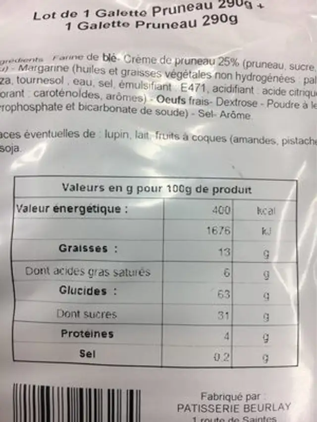 Galette charentaise nutrition facts table