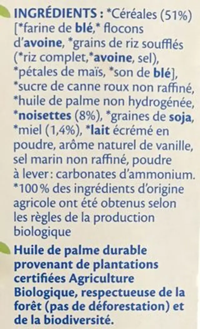 Equilidej Céréales Miel Noisettes ingredients label