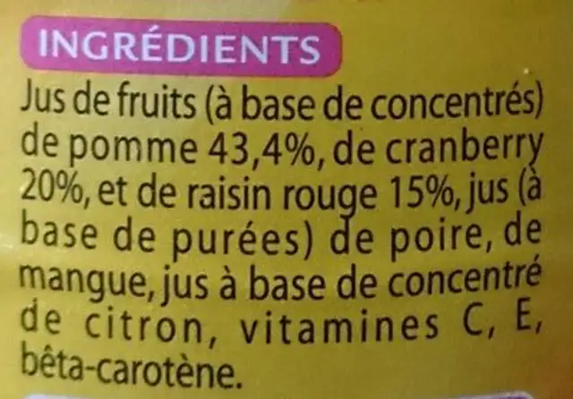 Cranberry sans sucres ajoutés ingredients label