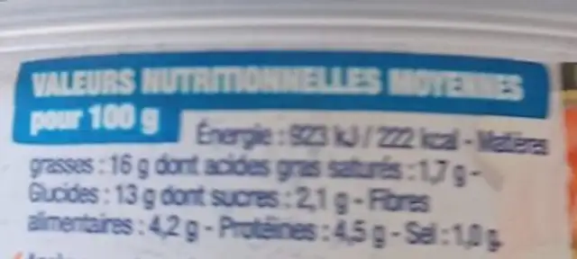 Terrine légumes du soleil nutrition facts table
