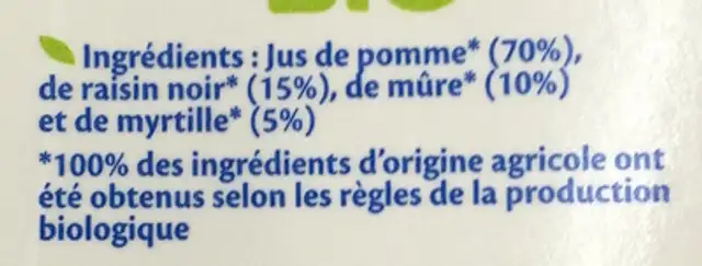 Les Purs Jus Gourmands Pomme Raisin Mure Myrtille bio ingredients label