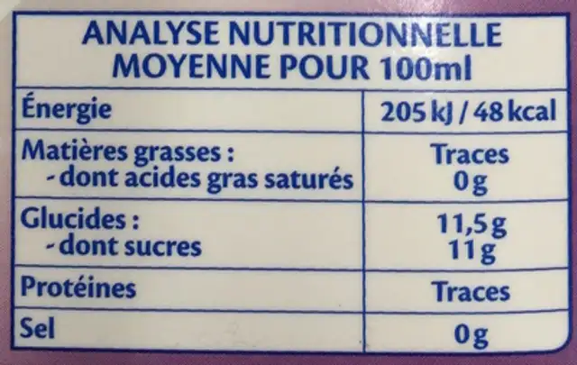 Les Purs Jus Gourmands Pomme Raisin Mure Myrtille bio nutrition facts table
