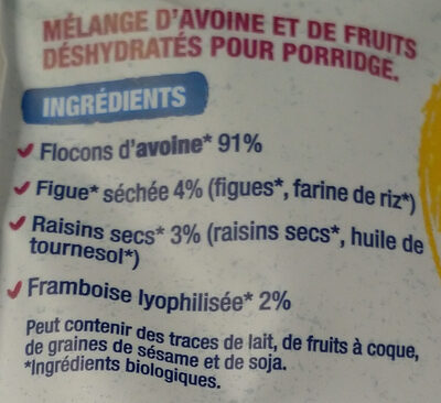 Porridge figue framboise ingredients label