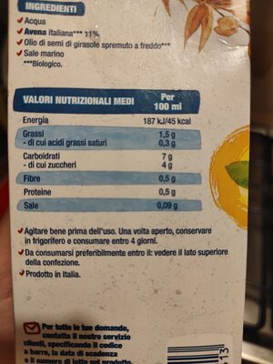 Avena nutrition facts table