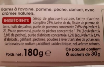 Barres pêche abricot ingredients label