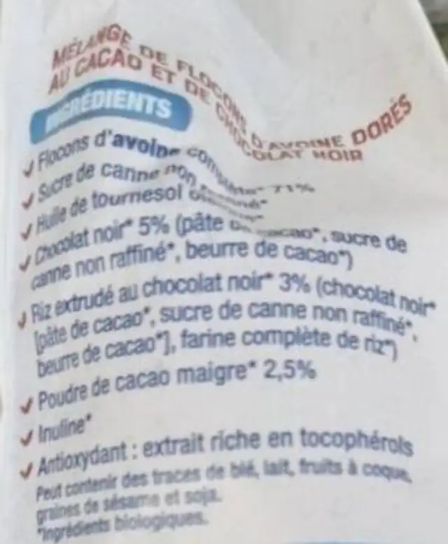 Granola chocolat ingredients label