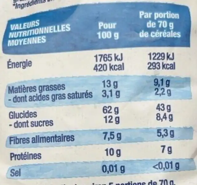 Granola chocolat nutrition facts table