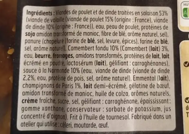 Cordon de poulet à la Normande ingredients label