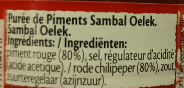 Purée de piments Suzi Wan ingredients label