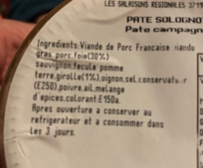 Pâté solognot ingredients label