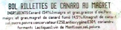 Bol Rillettes de canard au magret ingredients label