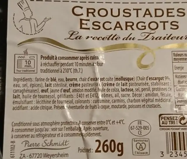 Croustade d'escargots ingredients label