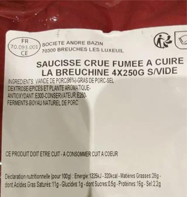 Saucisse à cuire nutrition facts table