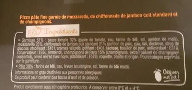 Dolce pizza ingredients label