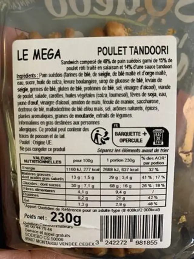 Le méga Poulet Tandoori ingredients label
