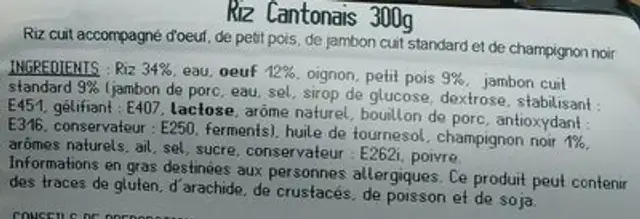 Riz cantonais ingredients label