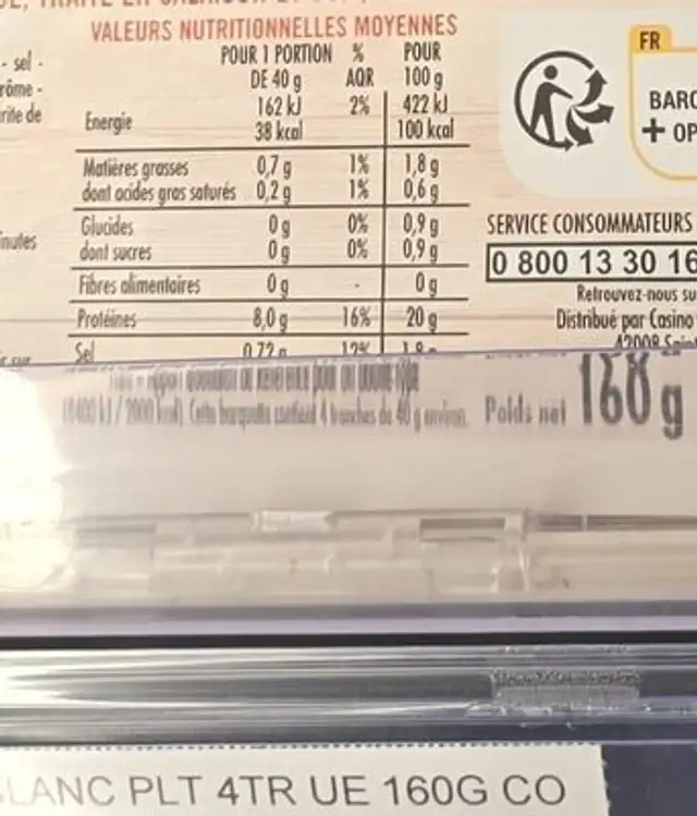 Blanc PLT 4TR 160G CO GS nutrition facts table
