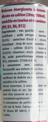 Energy drink à base de taurine ingredients label
