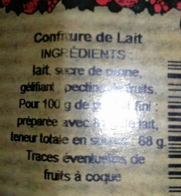 Confiture de lait ingredients label