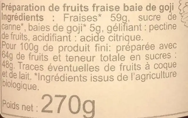 Confiture Fraise baie de goji ingredients label