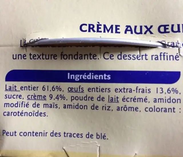 Crème aux oeufs saveur vanille ingredients label