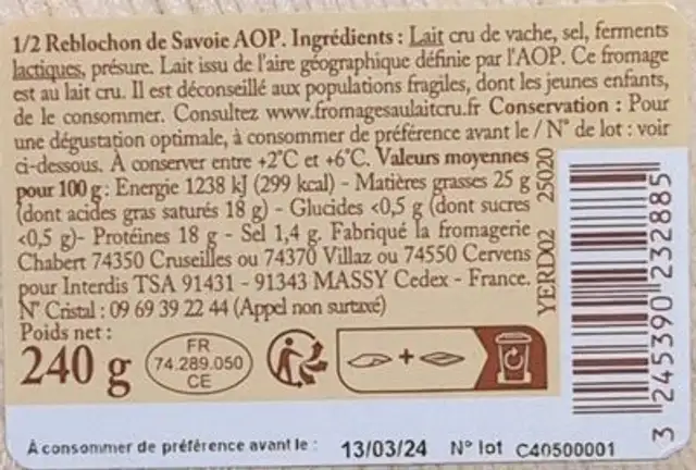 Reblochon de Savoie AOP ingredients label
