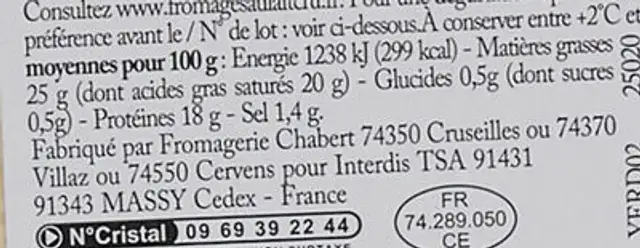 Reblochon de Savoie AOP nutrition facts table