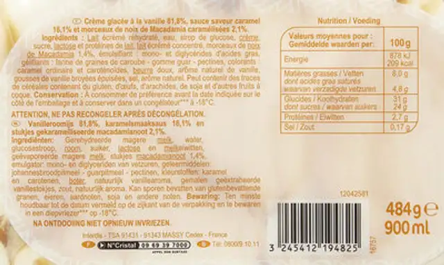 Carrefour Sensation Macadamia Vanilla Ice Cream ingredients label