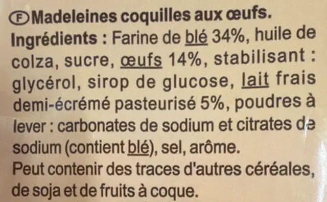 Madeleines Moelleuses ingredients label