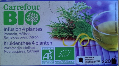 Infusion 4 plantes Romarin, Mélisse, Reine des prés, Citron front packaging