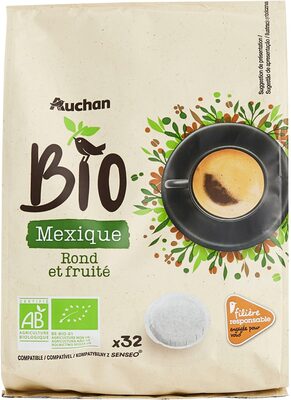 AUCHAN CAFE FILIERE BIO MEXIQUE COMPATIBLE SENSEO®.Rond et fruité front packaging