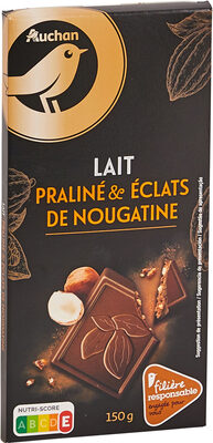 AUCHAN GOURMET CHOCOLAT AU LAIT FOURRÉ PRALINÉ et PÉPITES DE NOUGATINE 150G